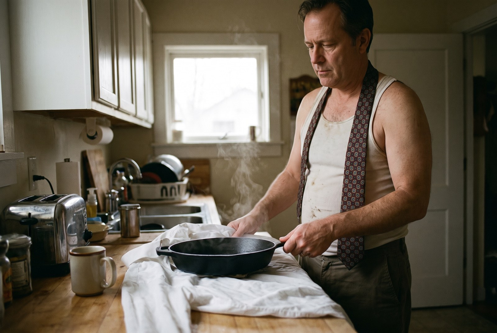 A man presses a cast-iron frying pan onto a dress shirt laid across a kitchen counter.