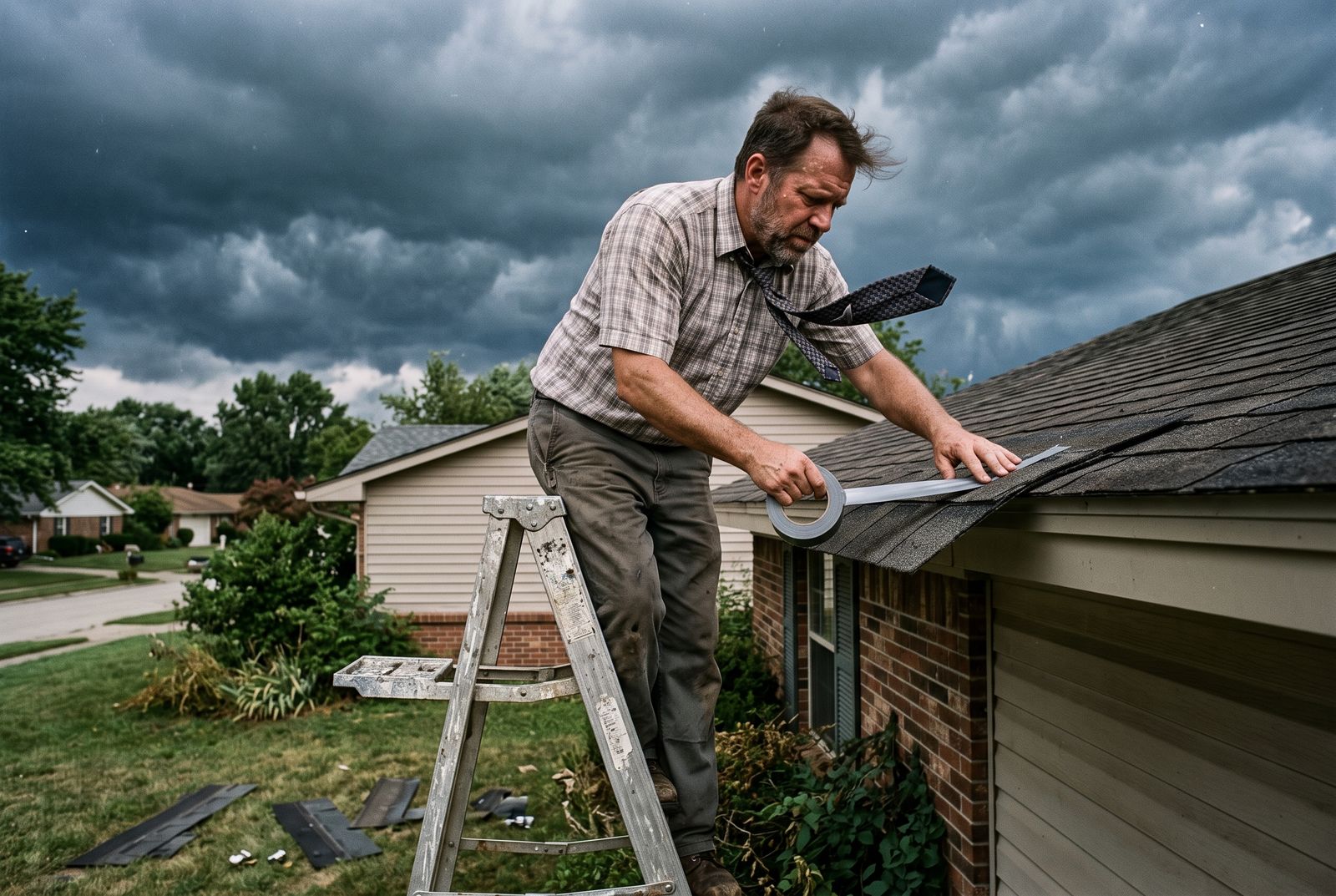 A man in a shirt and tie stands on a stepladder taping a roof shingle down as storm clouds gather.